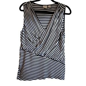 Chicos Black White Striped Sleeveless Faux Wrap V-Neck Blouse Top Size 2 L Large